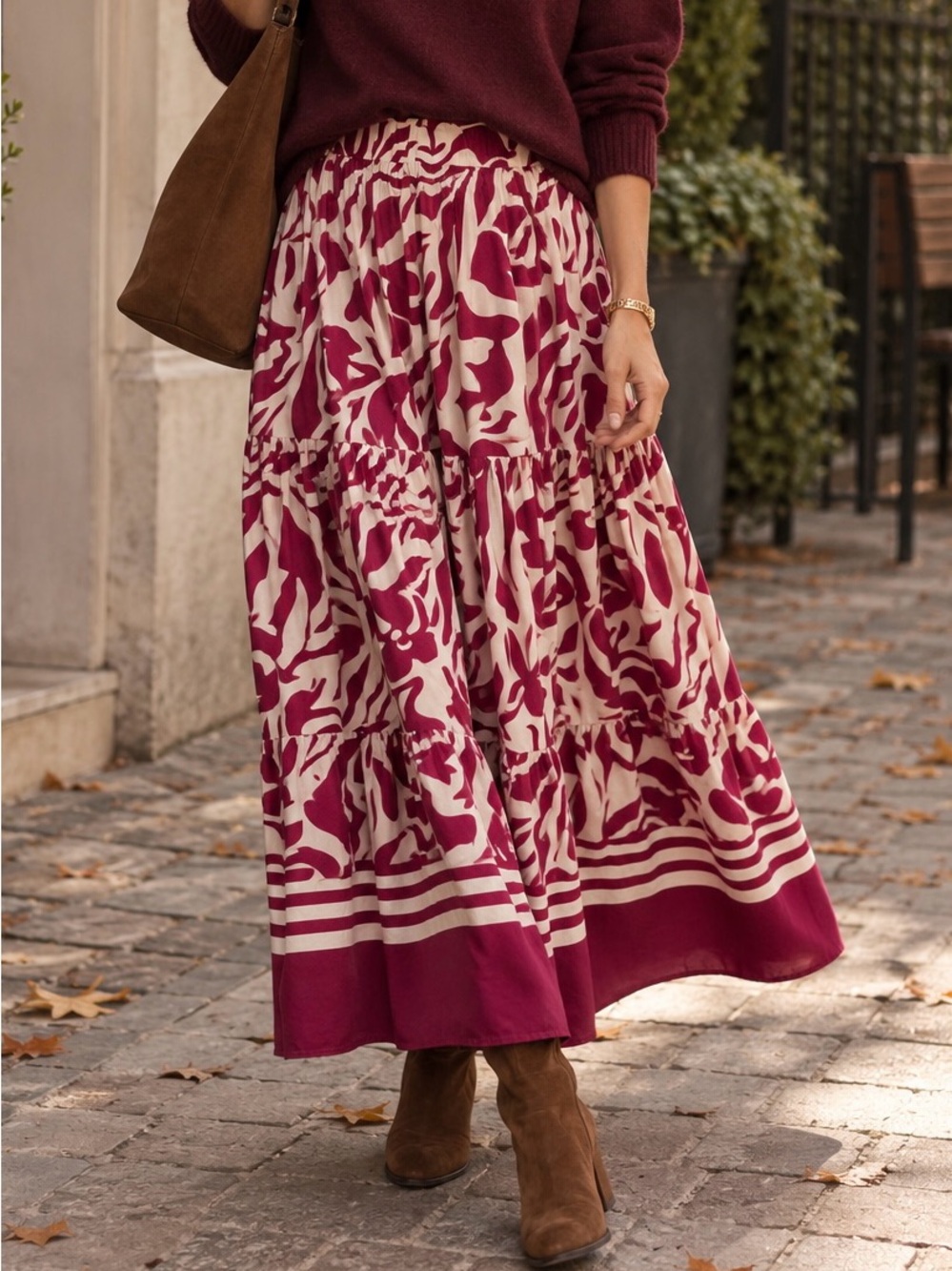 SHEIN Burgundy and Cream Printed Tiered Maxi Skirt
